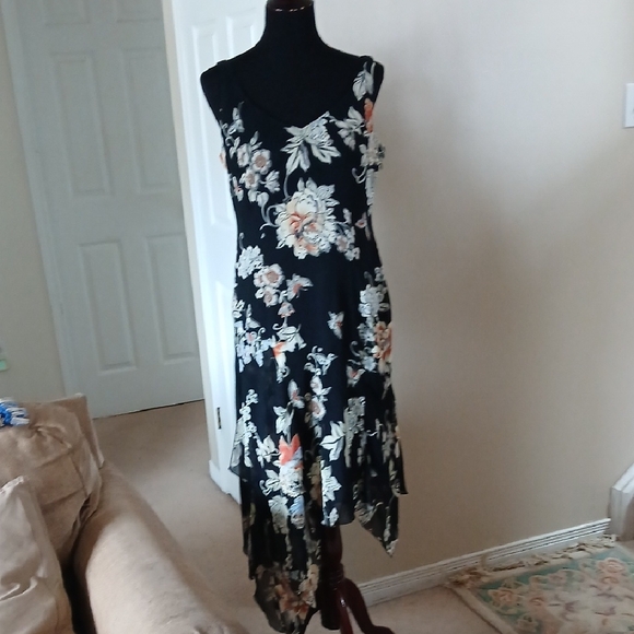Black Floral Asymmetrical Slip Dress with Delicate Floral Print - Picture 11 of 11